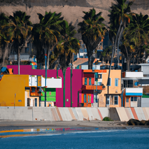נוף ציורי של קו החוף של פוארטו נואבו עם מבנים צבעוניים ועצי דקל מתנודדים.