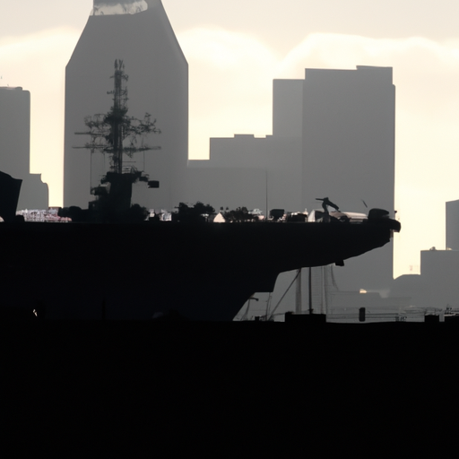 תמונה אחרונה ודרמטית של מוזיאון USS Midway, בצללית על רקע קו הרקיע של סן דייגו
