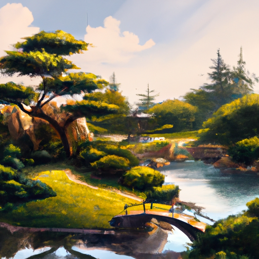 נוף פנורמי של הגן היפני עם הירוקים השופעים והבריכה השלווה שלו