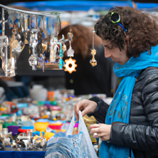 קונה מעיין במבחר מתנות וקישוטים לחנוכה בשוק מקומי