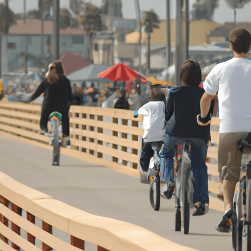 משפחה רוכבת על אופניים לאורך טיילת פסיפיק ביץ'
