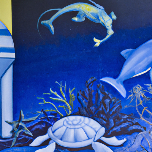 ציור קיר מורכב עם נושא אוקיינוס מצוייר על קיר בתוך האקווריום.
