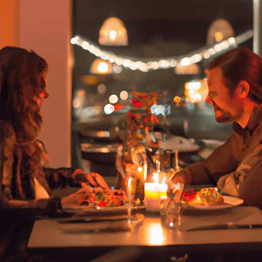 זוג נהנה מארוחת ערב רומנטית במסעדת חווה לשולחן מקומית