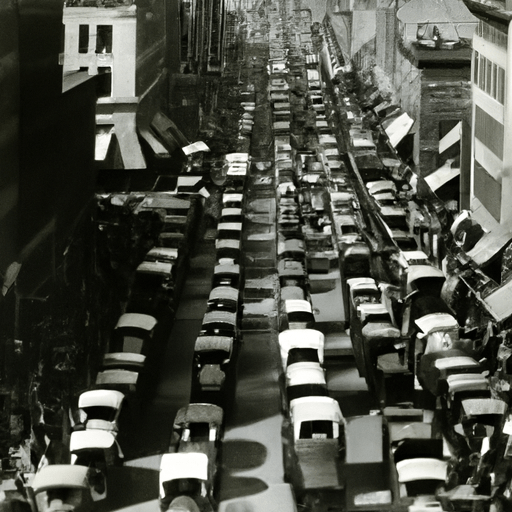 תצלום וינטג' של רחוב הומה בעיר מלא במכוניות, הממחיש את ההשפעה החברתית של מכוניות.