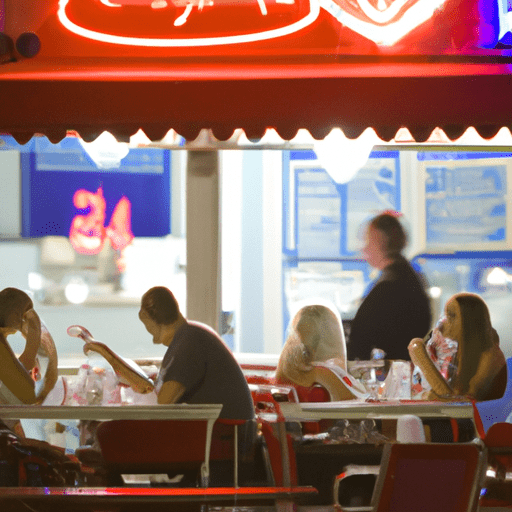סצנת דיינר בשעות הלילה המאוחרות, עם לקוחות נהנים מארוחה לאחר בילוי לילי בסן דייגו