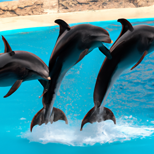 קבוצת דולפינים מבצעת קפיצה מסונכרנת, מושכת את תשומת הלב של הקהל