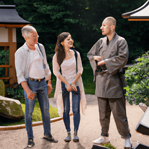 מבקרים מחייכים חולקים את החוויות וההתרשמות שלהם מהגן היפני