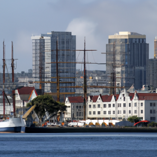 נוף פנורמי של המוזיאון הימי של הספינות ההיסטוריות של סן דייגו עומדות בשורה לאורך קו המים.