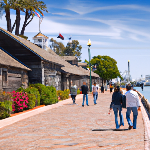 מבקרים מטיילים לאורך הטיילת הציורית Seaport Village