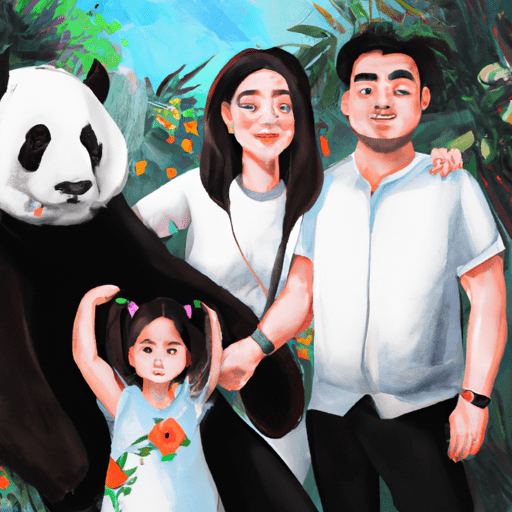 משפחה מצטלמת עם פנדה ענקית בגן החיות של סן דייגו