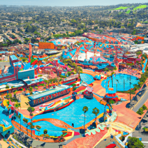נוף אווירי של סומסום פלייס סן דייגו, המציג את פארק המים הצבעוני והאטרקציות שמסביב