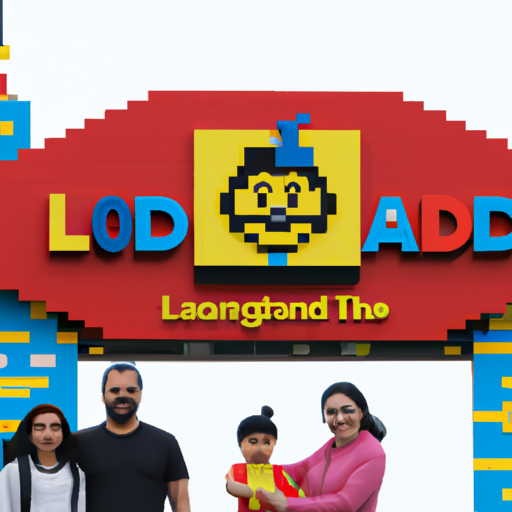 משפחה קורנת מצטלמת לתמונה קבוצתית מול הכניסה האיקונית של LEGOLAND