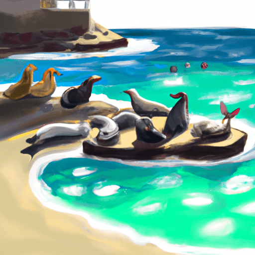 חבורת כלבי ים ואריות ים משתזפים בשמש בבריכת הילדים