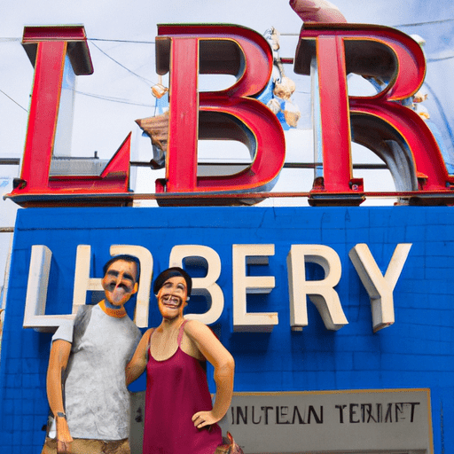 תיירים מצטלמים מול שלט של שוק Liberty Public Market