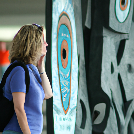 מבקר שמתפעל מיצירת אמנות ציבורית המוצגת בשדה התעופה