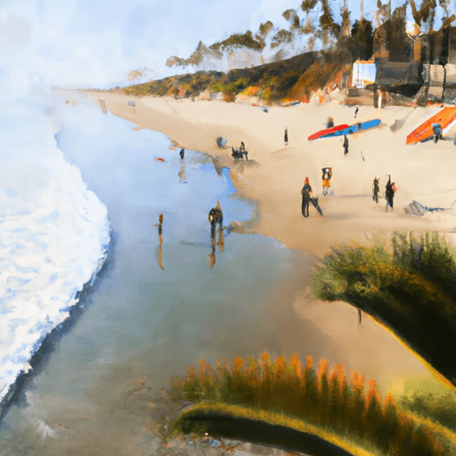 נוף ציורי של קו החוף של פסיפיק ביץ' עם עצי דקל וגולשים ברקע