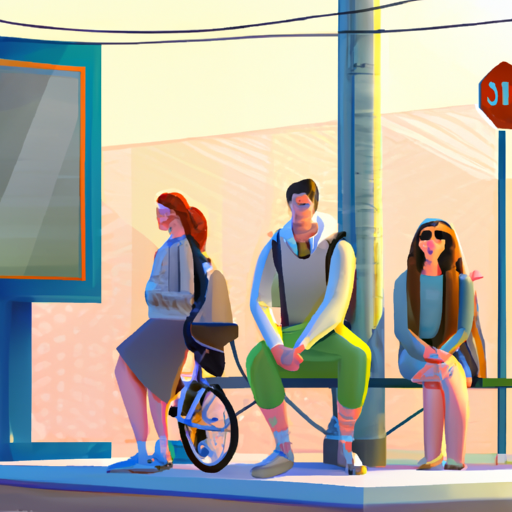 קבוצת אנשים ממתינה בתחנת אוטובוס עם נתיב אופניים בקרבת מקום