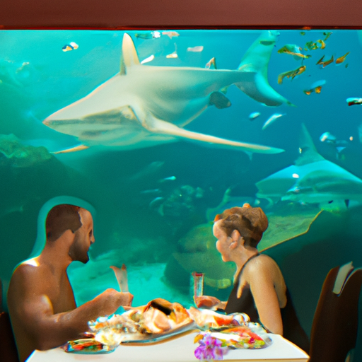 זוג נהנה מארוחה טעימה עם נוף מתחת למים של בית גידול של כרישים