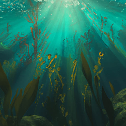 נוף מתחת למים של יער אצות עם אור השמש המסנן דרכו